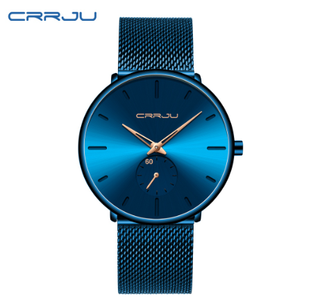 CRRJU Fashion Mens Watches Top Brand Luxury Quartz Watch Men Casual Slim Mesh Steel Waterproof Sport Watch 2150X BLUE ROSEGOLD