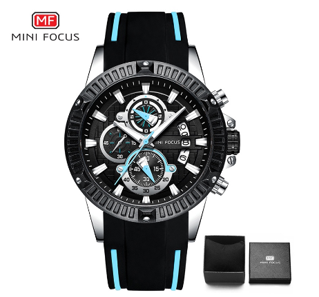 Mini Focus Watch Men Analog Quartz Multifunction Sports Chronograph Waterproof Silicone Fashion Watch BLACK BLUE