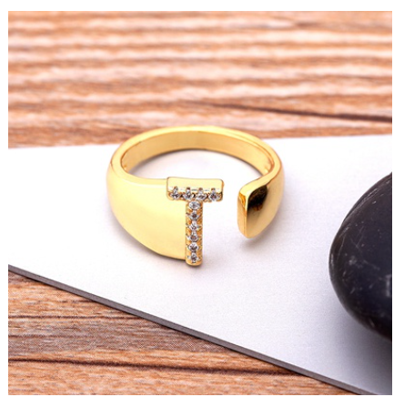 Fashion Chunky Wide Hollow A-Z Letter Gold Color Opening Ring Initials Name Alphabet Female Jewelry T