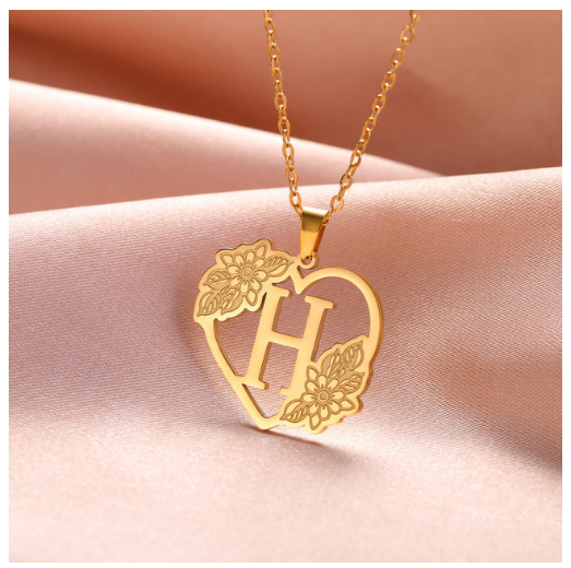 A-Z Initial Flower Necklace Women Stainless Steel Letter Heart Pendant Necklace Choker H