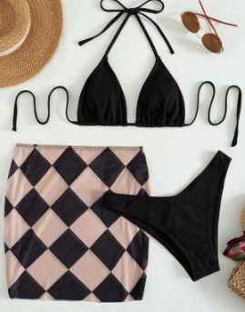 Three-pieces Female Printed Backless Bikini Knotted Swimsuit Soft Bag Sexy Bathing Suit Beachwear Popular Split Swimwear