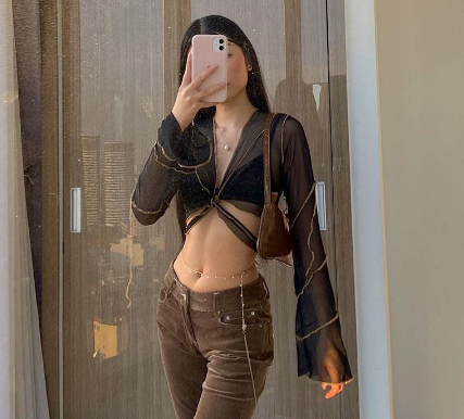 Sexy Women Ribbon Knot V Neck Mesh Long Sleeve Blouse