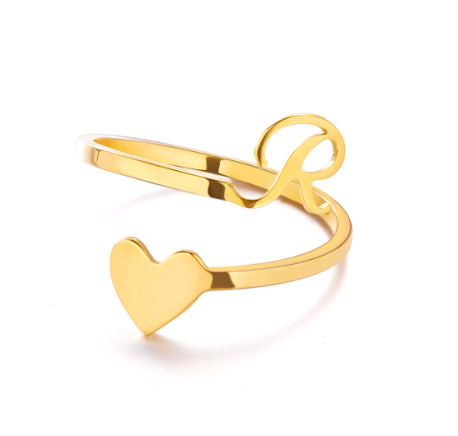 Gold Stainless Steel A-Z Rings Initial Letters Heart Rings Women Fashion Non Fading Jewelry Adjustable R