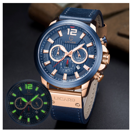 LICARR Men's Watches Top Luxury Fashion Brand Casual Chrono Calendar Sport Business Men Watch Waterproof 9501 ROSEGOLD BLUE