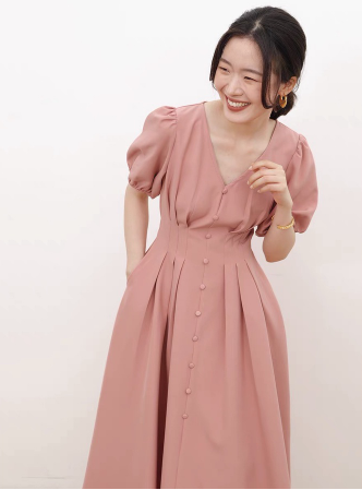 Miss M Fashion Button Down Elastic Sleeve Solid Dress