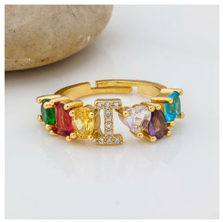 Hot Sale Adjustable A-Z 26 Initial Ring Bohemian Copper Zircon Rainbow Letter Rings for Women Girls Jewelry I