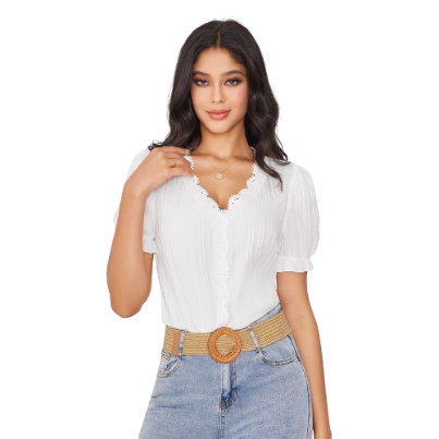 Lovito Women Lace Fabric Stitching Puff Sleeve Blouse LBE02106 (White)