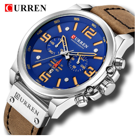 Curren Top Luxury Brand Military Leather Men's Waterproof Sports Quartz Chronograph Watch Date Fashion Casual 8314X SILVER BLUE