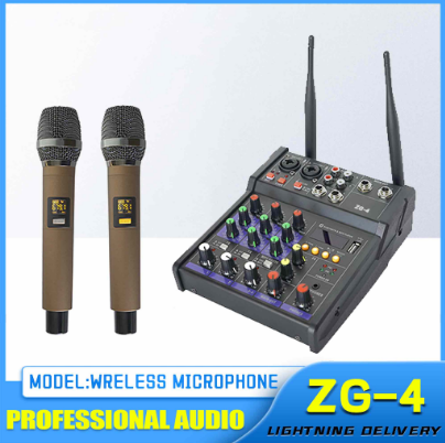 ZG-4 Audio Mixer Professional 4-Channel with 2 Wireless Microphone for Karaoke