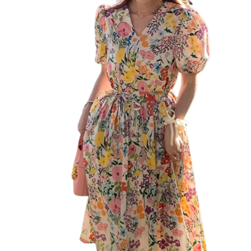 Lovito Women Bohemian Beach Floral Ruched Dress LNE17104 (Multi-Colo