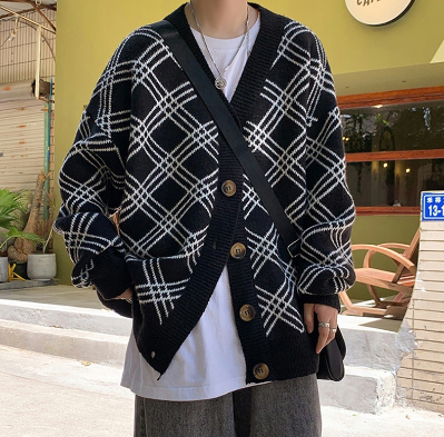 Retro Plaid Print Sweater for Men's Loose Casual