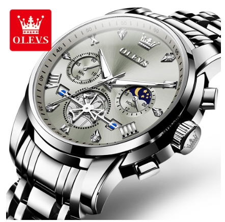 Olevs Watch For Men Waterproof Original Quartz Luminous Stainless Steel Multifunctional Watch GRAY DIAL TWO TONE
