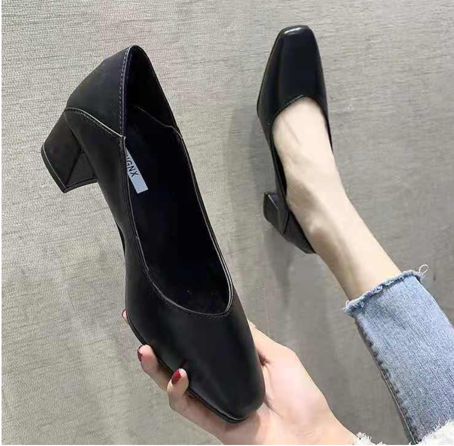 Korean Style Mid-heel High-heeled Shoes women square Thick Heel Shallow Mouth Non-slip Work Shoes