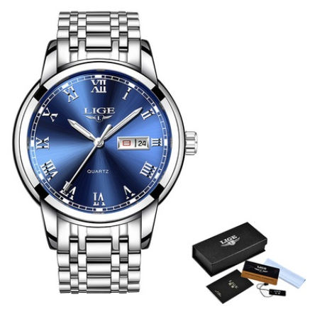 LIGE Watch For Couple Original Waterproof Stainless Steel Silver/Gold Fashion Business Trend Calendar Luminous Watches STEEL SILVER BLUE