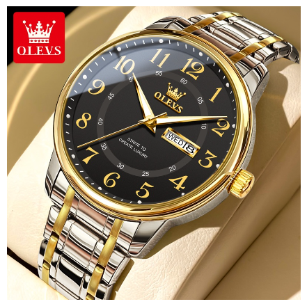 Olevs Watch For Men Waterproof Original Quartz Luminous Calendar Stainless Steel Watch BLACK DIAL TWO TONE STRAP