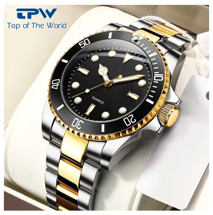 TPW Watch for Men Stainless Steel Strap Wristwatch Japanese Quartz Movement Watch GOLD BLACK