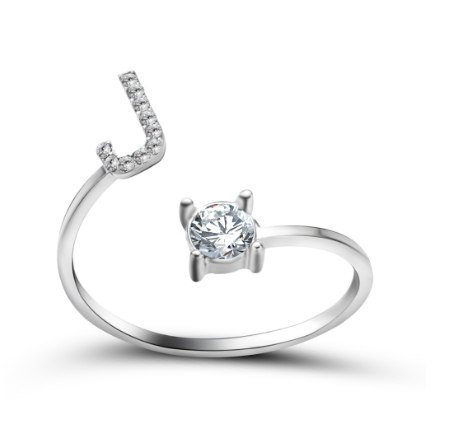 Silver A-Z Letters Ring for Women Cubic Zirconia Initial Letter Ring Fashion Jewelry Gift Adjustable J