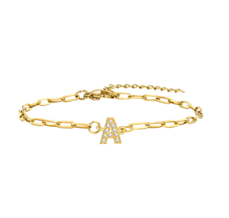 Vnox 18K Gold Zircon Initial Bracelet,Letter Charm Link Stainless Steel Flat Cross Bracelet A