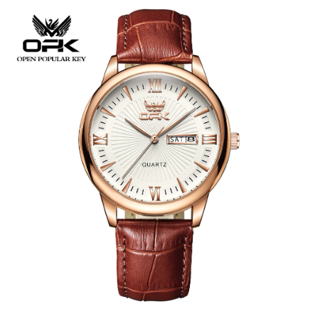 OPK Men's Watch Waterproof Original Quartz Calendar Belt Watch WHITE DIAL BROWN LEATHER STRAP