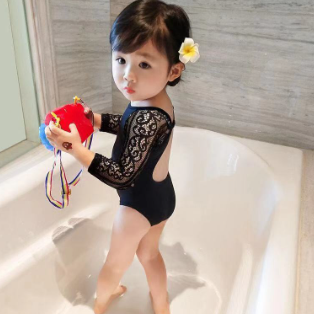 Girl's Swimsuit Children's Clothing New Summer Princess One-Piece Black Lace Children's Swimsuit Baby Girl Long Sleeve Swimsuit