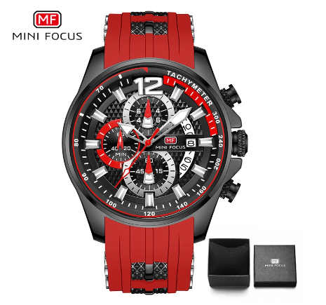 Mini Focus Sports Watch Men Waterproof Quartz Chronograph Silicone Fashion BLACK RED