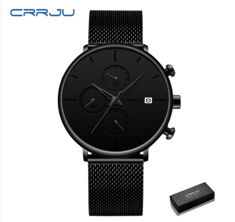 CRRJU Mens watches Stainless Steel Mesh Strap Men's Fashion Casual Date Watches 2268 BLACK