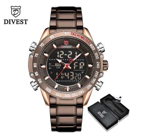 DIVEST Top Brand Luxury Men's Watches Digital Fashion Chrono Sport Casual Clock Waterproof Military Watch Men Original ROSEGOLD BROWN