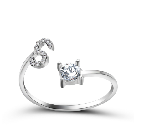 Silver A-Z Letters Ring for Women Cubic Zirconia Initial Letter Ring Fashion Jewelry Gift Adjustable S