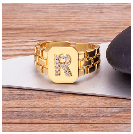 New Arrival Fashion Gold Color Initial Ring Open Design Adjustable Hot Sale A-Z Letters Zircon Rings For Women R