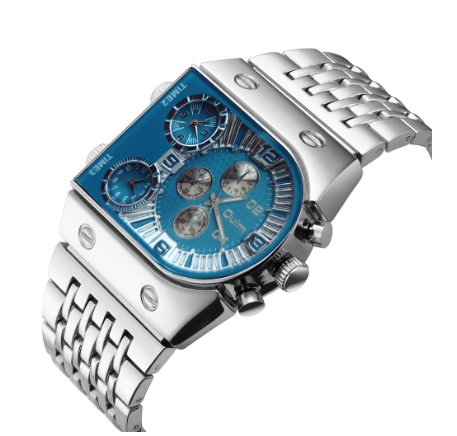 Oulm Men's Multi Time Zone Large Dial Watch Steel Band Casual Quartz Watch SILVER BLUE