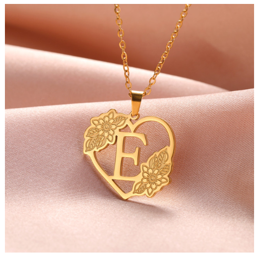 A-Z Initial Flower Necklace Women Stainless Steel Letter Heart Pendant Necklace Choker E