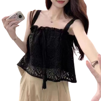 Lovito Women Fabric Stitching Lace Tank Top LNE21194 (Black)