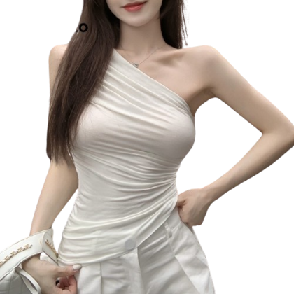 Lovito Casual Plain Asymmetrical Ruched Tank Top for Women LNE10091 (White)