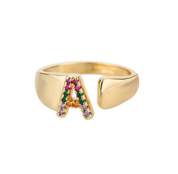 Maxzone Fashion Colorful Chunky Wide Letter A-Z Rings For Women Gold Opening Initial Letter Ring Femme Wedding Party Jewelry A