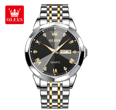 Olevs Original Watch For Men Water Proof Stainless Steel Business Fashion Relo Quartz Analog Calendar Luminous Wrist  Watch BLACK DIAL TWO TONE STRAP