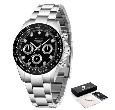 Wwoor Top Brand Mens Sports Quartz Watches Stainless Steel Military Waterproof Three Eyes Chronograph Luxury Wristwatch BLACK DIAL SILVER CASE STRAP
