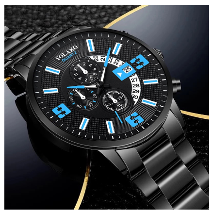 YOLAKO Stainless Steel Men's Quartz Sport Waterproof Watch Men Relo Watch STEEL BLACK BLUE