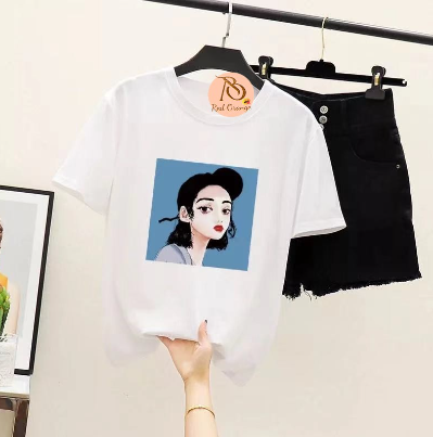 Korean Unisex Fashions Round Neck Pattern Girl Printed T-shirts for Women Loose Top