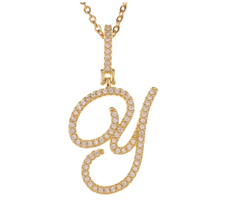 Fashion A-Z Initial Cursive Letters Pendant Necklace For Women Gold Color Shiny Rhinestone Chain Necklace Jewelry Gift Y