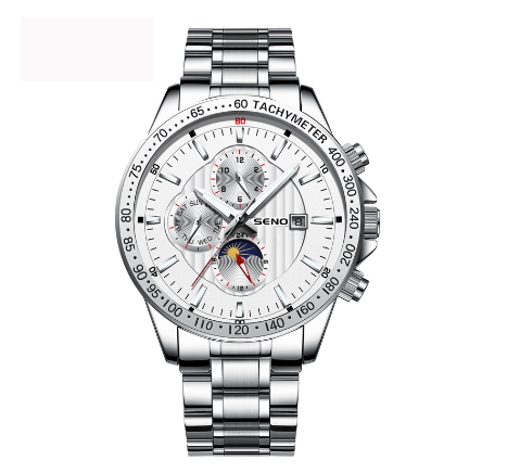 SENO Quartz Watch For Men Luminous Pointer Waterproof Wristwatch 42mm Big Dial Watches SILVER STEEL