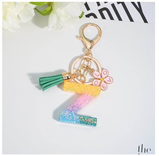 Fashion 26 Letter Resin Keychain A-Z Round Sequins Filled Alphabet Flower Pendant Keyring with Tassel Bag Ornament Accessories Z