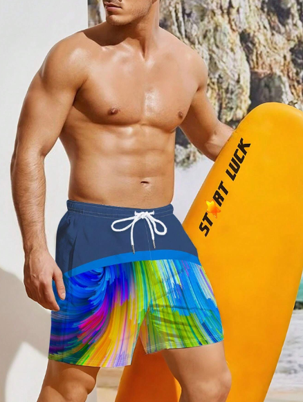 Men's Graffiti Print Drawstring Wide-Leg Beach Shorts Swim Trunks For Vacation, Beach Wear