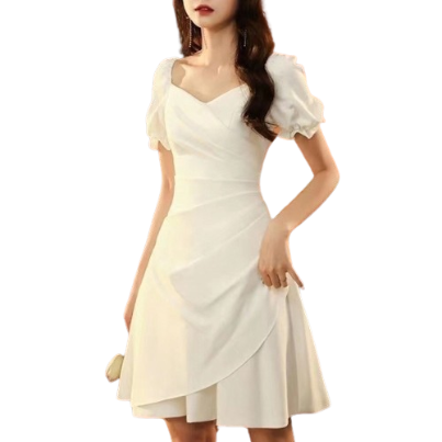 Lovito Women Casual Plain Halter Short Puff Sleeves Flared Midi Dress LNE02206 (White)
