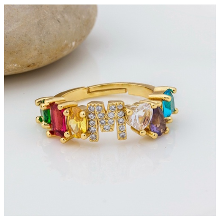 Hot Sale Adjustable A-Z 26 Initial Ring Bohemian Copper Zircon Rainbow Letter Rings for Women Girls Jewelry M