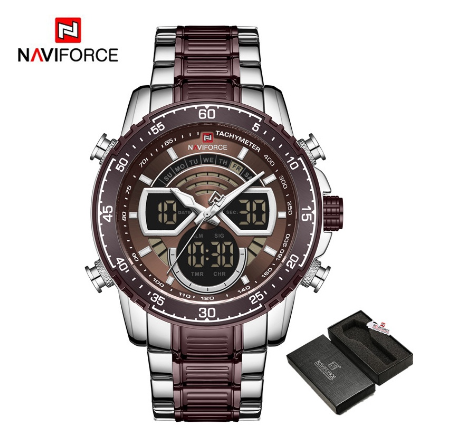 Naviforce Nf9189 Men Luxury Brand Sport Chronograph Stainless Steel Digital Analog Watches SILVER COFFEE