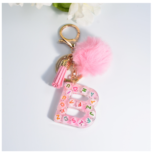 Exquisite Pink A-Z Letter Resin Keychain With Hairball 26 Initials Keyring Charms Women Bag Ornament Best Festival Gift B