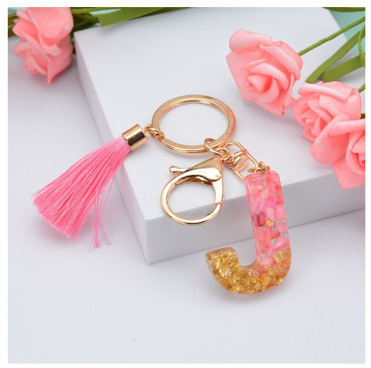 Pink Tassel Gold Foil 26 Letter Pendent Keychain for Women Resin Keyrings Girls Bag Ornamant Accessories Gifts J