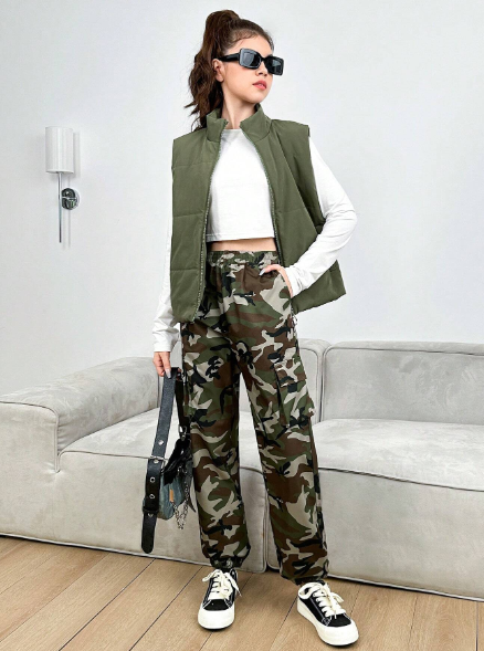 Teenage Girls' Casual Street Style Padded Vest & Camo Cargo Pants Set