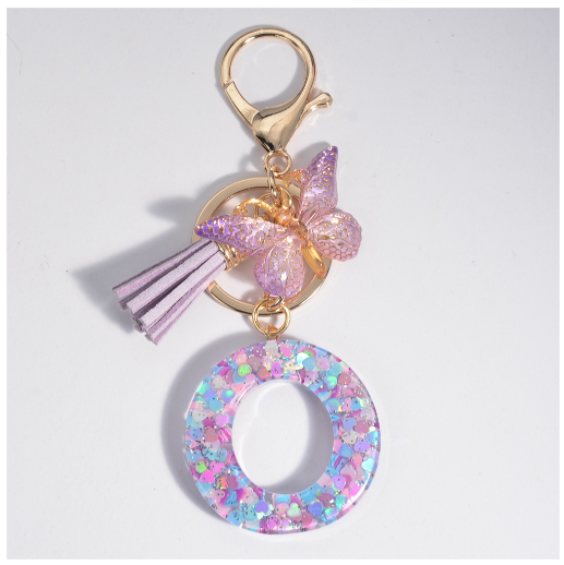 Sweet Heart Sequin Filled A-Z Letter Keychains With Tassel Fashion Butterfly 26 Alphabet Keyring Car Keyholder Birthday Gifts O