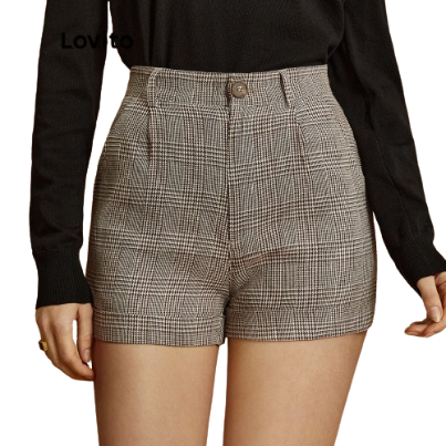 Lovito Elegant Plaid Pocket Roll Up Women Shorts L32UD046 (Sepia)